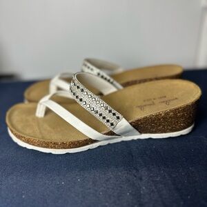 Mila Paoli | Rhinestone Sandals Women’s White Thong Comfort Cork Wedge Slide